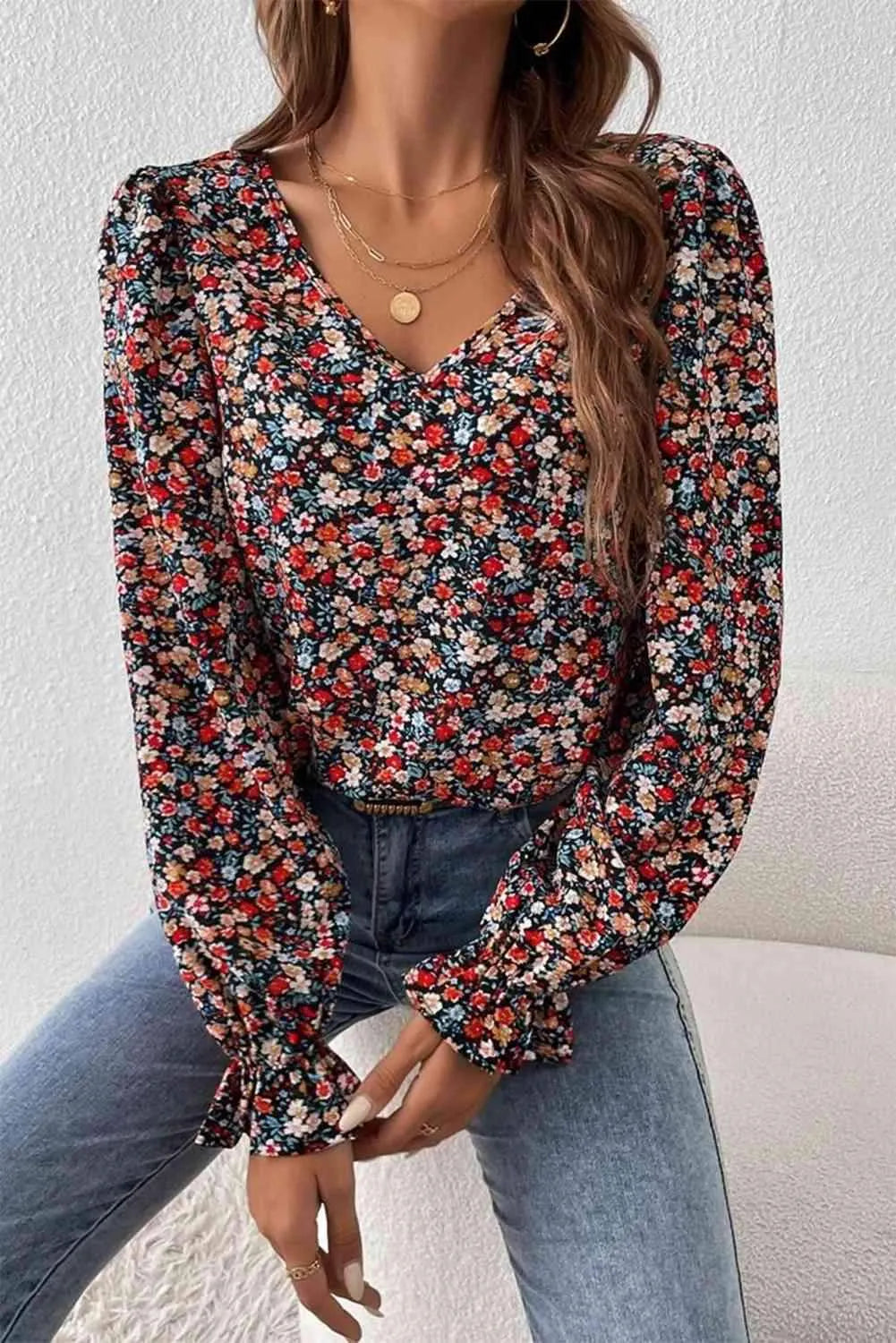 V-Neck Printed Long Sleeve Blouse Blouses - Tophatter Daily Deals